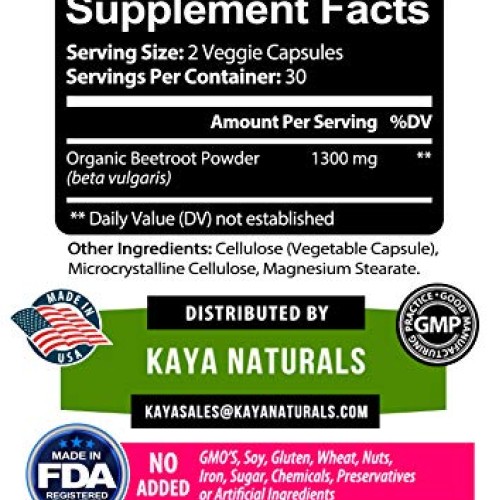 Kaya Naturals Organic Beet Root Powder 1300mg Per Serving 60 Vegg...
