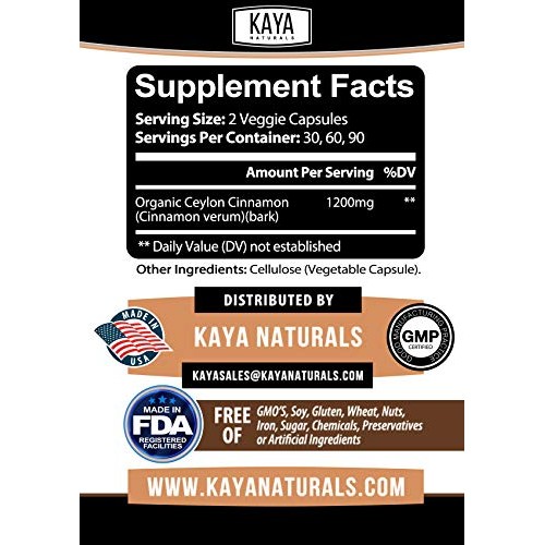 Kaya Naturals Organic Ceylon Cinnamon 1200mg per Serving, 60 Coun...