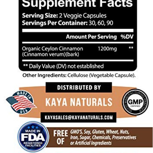 Kaya Naturals Organic Ceylon Cinnamon 1200mg per Serving, 60 Coun...