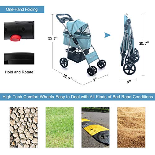 KETAGUR 4 Wheel Pet Stroller for Small Medium Dogs & Cats, Foldab...
