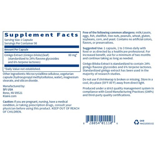 Klaire Labs Ginkgo Biloba - Hypoallergenic Standardized 80mg Gink...