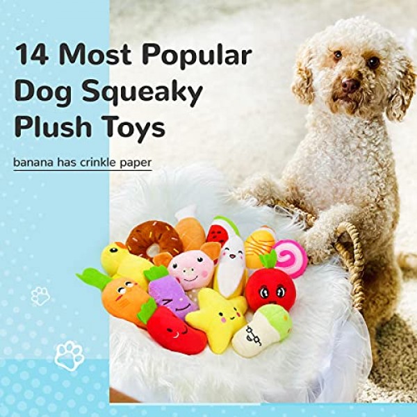 14 Pack Dog Squeaky Toys Cute Stuffed Plush Fruits Snacks and Veg...