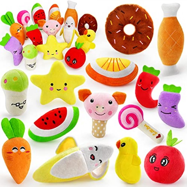 14 Pack Dog Squeaky Toys Cute Stuffed Plush Fruits Snacks and Veg...