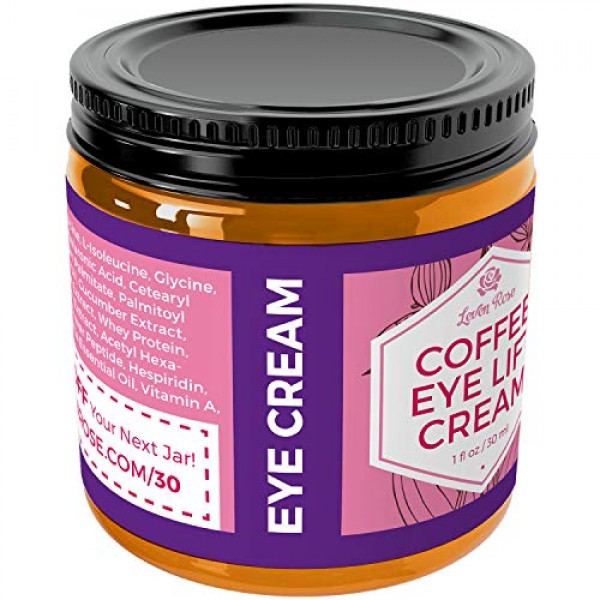 Coffee Eye Lift Cream by Leven Rose 100% Natural, Reduces Puffine...