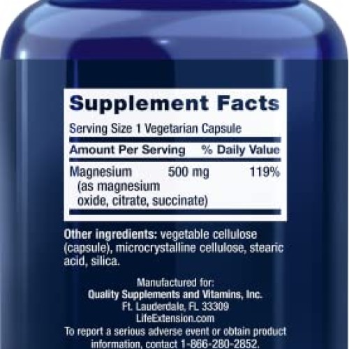 Life Extension Magnesium Vegetarian Capsules, 500 mg, 100 Count x 3