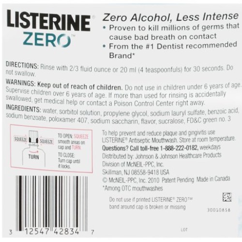 Listerine Zero Alcohol Mouthwash, Less Intense Alcohol-Free Oral ...