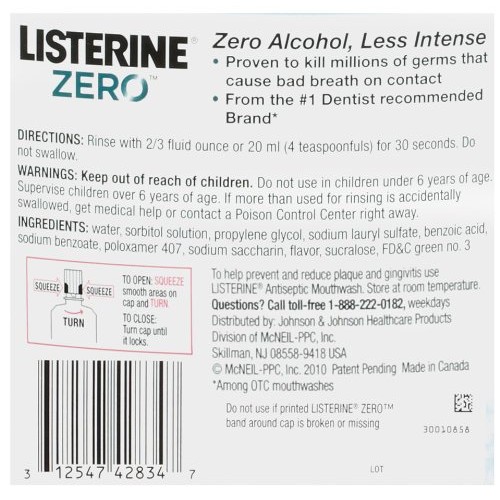 Listerine Zero Alcohol Mouthwash, Less Intense Alcohol-Free Oral ...