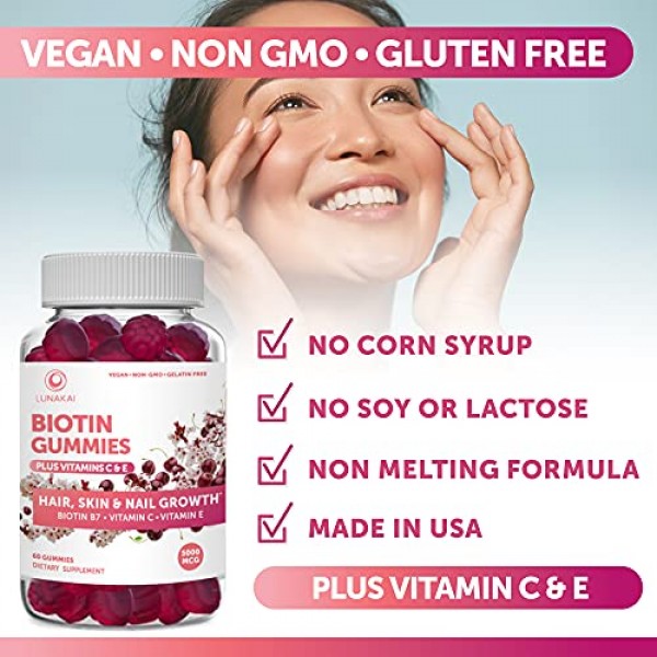 Biotin Hair Skin and Nails Gummies with Vitamin C and E - Non-GMO...