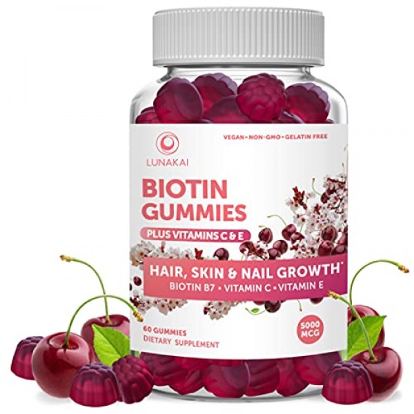 Biotin Hair Skin and Nails Gummies with Vitamin C and E - Non-GMO...
