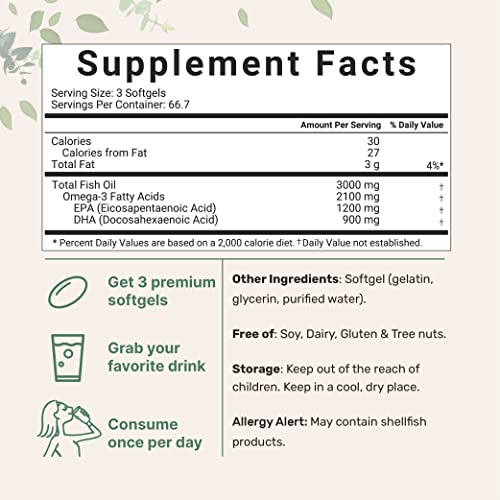 Triple Strength Omega 3 Fish Oil Supplements 3000mg, 200 Softgels...