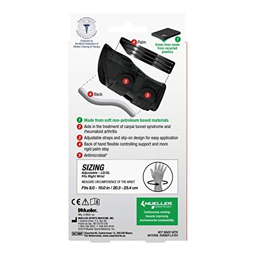 MUELLER Green Fitted Wrist Brace, Black, Right Hand, Large/Extra ...