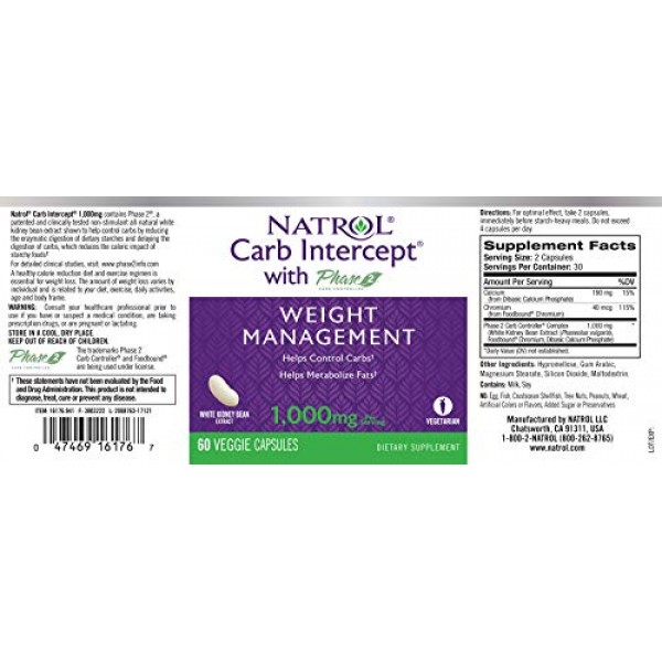 Natrol Carb Intercept with Phase 2 Carb Controller Capsules, Whit...