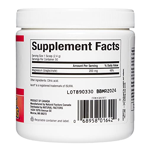 Natural Factors, Magnesium Bisglycinate Powder, 200 mg, Supports ...