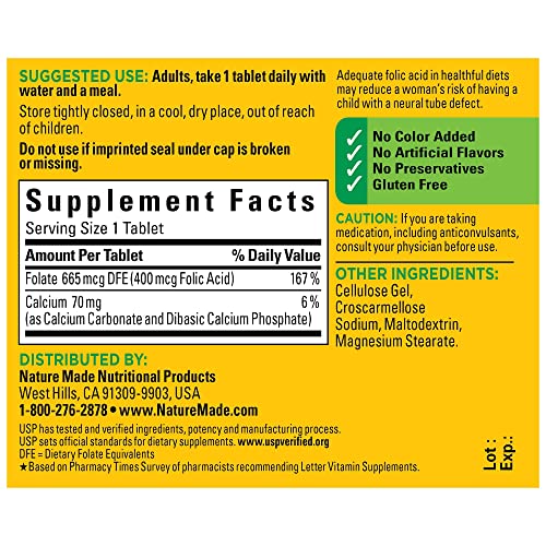 Nature Made Folic Acid 400 mcg 665 mcg DFE, Dietary Supplement ...