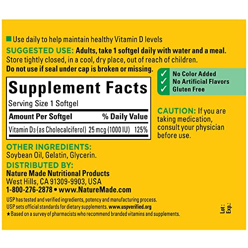 Nature Made Vitamin D3 1000 IU 25 mcg, Dietary Supplement for B...