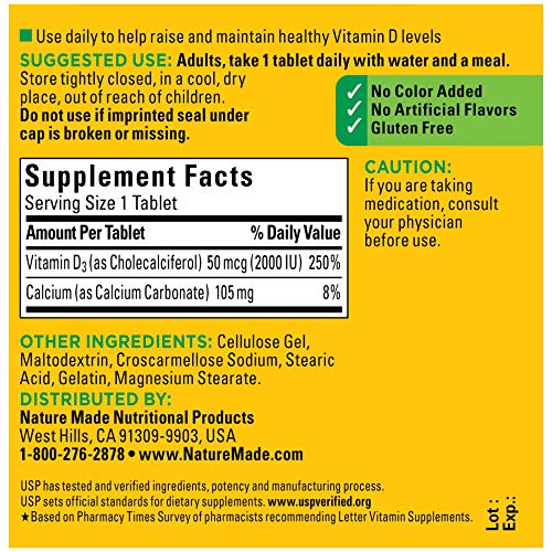 Nature Made Vitamin D3, 125 Tablets, Vitamin D 2000 IU 50 mcg H...