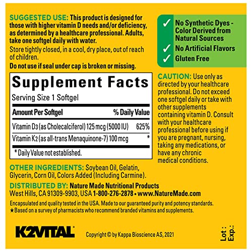 Nature Made Vitamin D3 K2, 5000 IU 125 mcg Vitamin D, Dietary S...