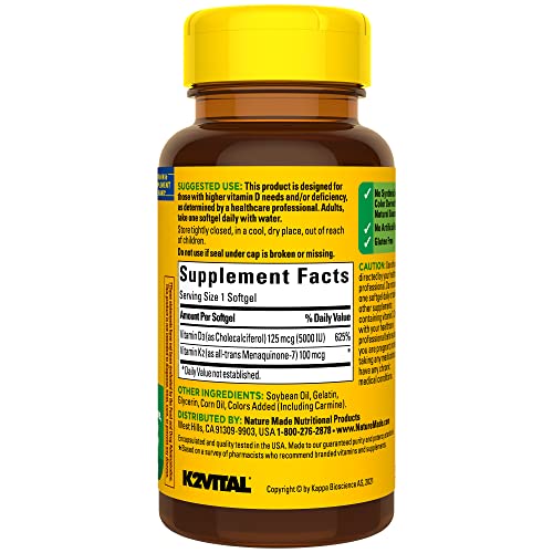 Nature Made Vitamin D3 K2, 5000 IU 125 mcg Vitamin D, Dietary S...