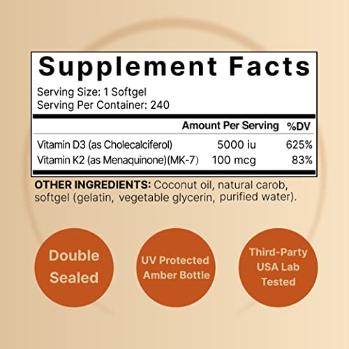 NatureBell Vitamin D3 K2 MK7 with Virgin Coconut Oil, 240 Softg...