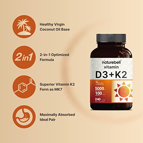 NatureBell Vitamin D3 K2 MK7 with Virgin Coconut Oil, 240 Softg...