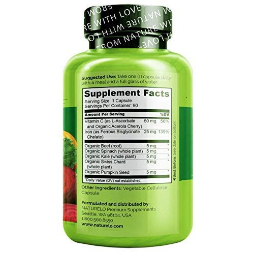 NATURELO Vegan Iron Supplement with Vitamin C and Organic Whole F...