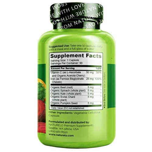 NATURELO Vegan Iron Supplement with Vitamin C and Organic Whole F...