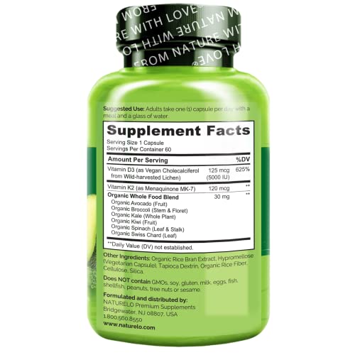 NATURELO Vegan K2+D3 - Plant Based D3 from Lichen - Natural D3 Su...