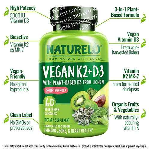 NATURELO Vegan K2+D3 - Plant Based D3 from Lichen - Natural D3 Su...