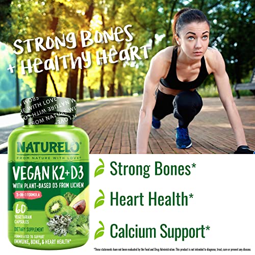 NATURELO Vegan K2+D3 - Plant Based D3 from Lichen - Natural D3 Su...