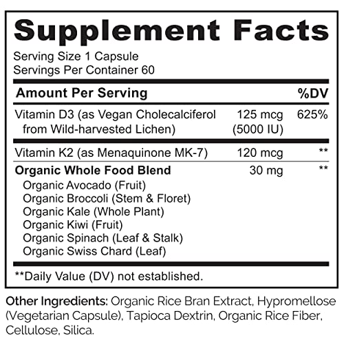 NATURELO Vegan K2+D3 - Plant Based D3 from Lichen - Natural D3 Su...