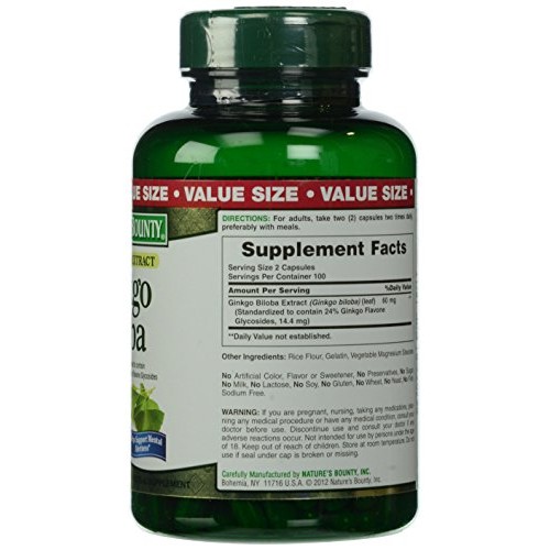 Natures Bounty Ginkgo Biloba 60 mg Capsules, 200 Count Bottle