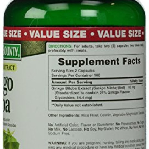 Natures Bounty Ginkgo Biloba 60 mg Capsules, 200 Count Bottle