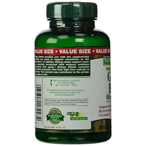 Natures Bounty Ginkgo Biloba 60 mg Capsules, 200 Count Bottle