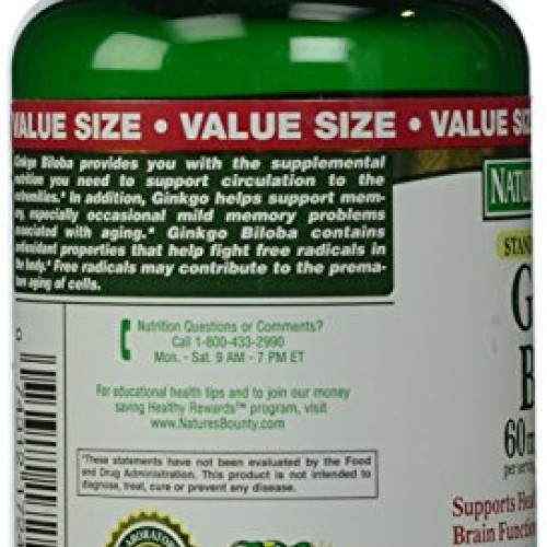 Natures Bounty Ginkgo Biloba 60 mg Capsules, 200 Count Bottle