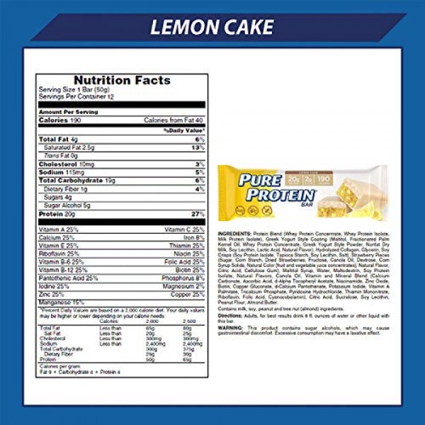 Pure Protein Lemon Cake Protein Bars, 1.76 oz, 6 Count, 2 Pack