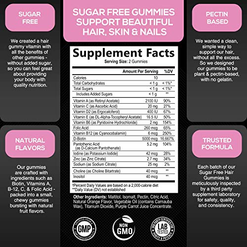 Hair Gummy Vitamins, Sugar Free with Biotin 5000 mcg, Vitamin A, ...