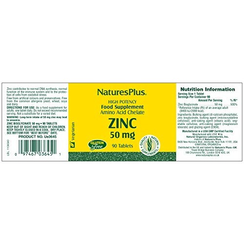 NaturesPlus Zinc Tablets - 50 mg, 90 Vegetarian Tablets - Immune ...
