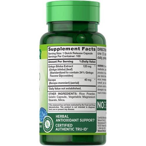 Natures Truth Ginkgo Biloba 120 mg Standardized Plus Bacopa Extr...