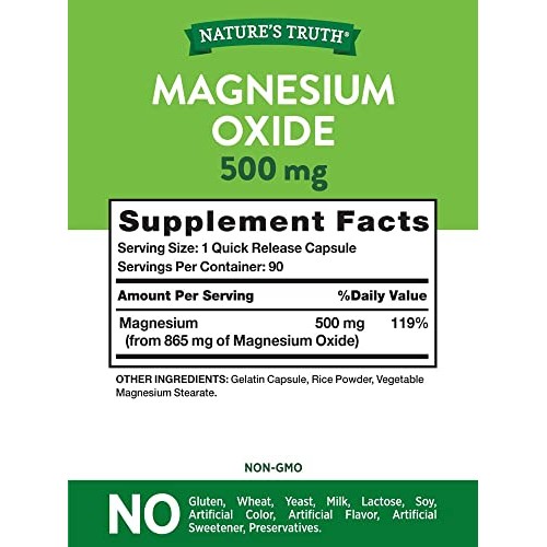 Natures Truth Magnesium Oxide 500 Mg Capsules, 90 Count, Unflavored