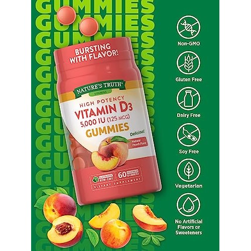 Natures Truth Vitamin D3 Gummies | 5000 IU | 60 Count | Peach Fl...