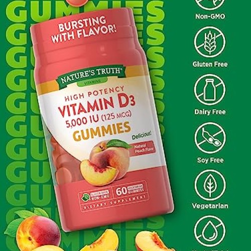 Natures Truth Vitamin D3 Gummies | 5000 IU | 60 Count | Peach Fl...