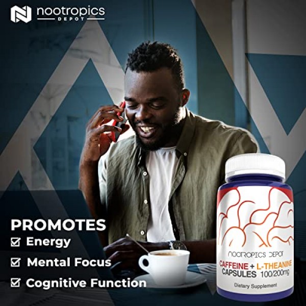 Caffeine and L-Theanine Capsules | 60 Count | Contains 200mg of C...