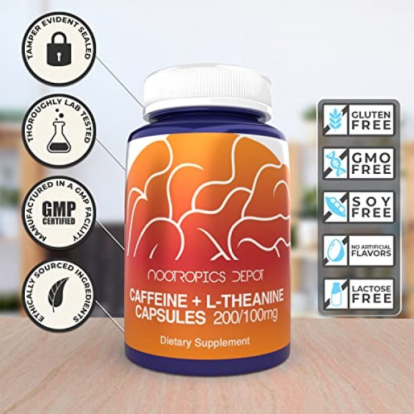 Caffeine and L-Theanine Capsules | 60 Count | Contains 200mg of C...