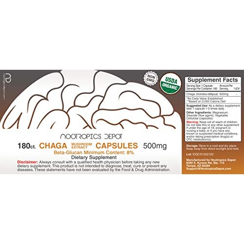 Chaga Mushroom Capsules | 500mg | 180 Count | Inonotus obliquus