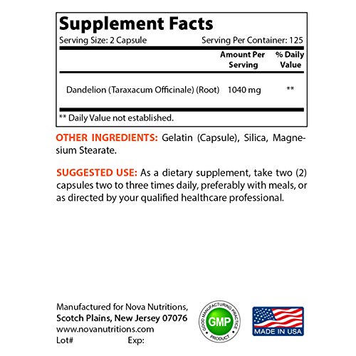 Nova Nutritions Dandelion Root Capsules 520mg, Supports Healthy D...