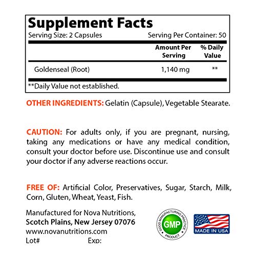 Nova Nutritions Goldenseal Root 570mg Non-GMO Capsules, Promote...