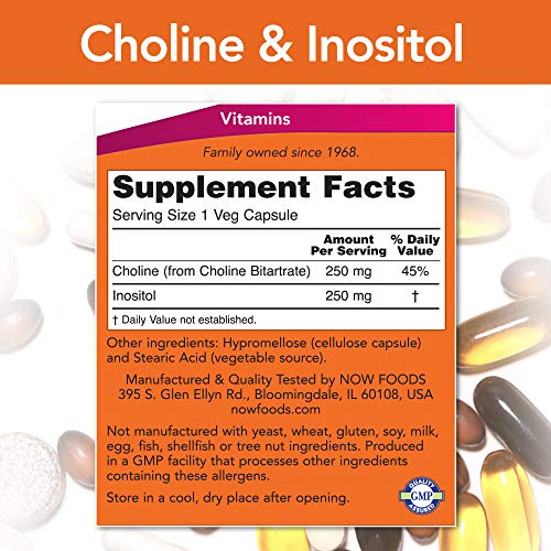NOW Choline and Inositol 500mg, 100 Capsules Pack of 2