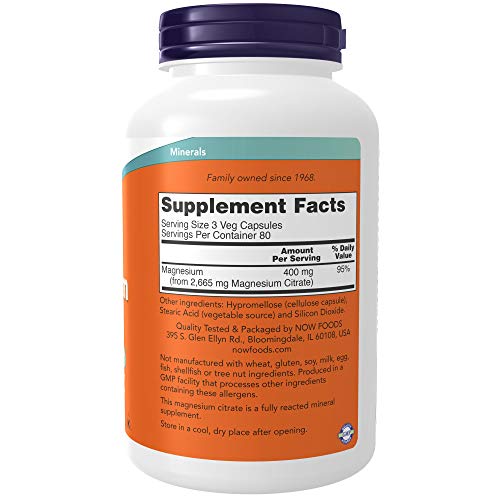 NOW Magnesium Citrate, 400 Milligram 240 Veg Capsules