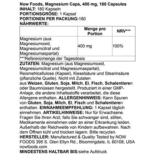 NOW Magnesium 400mg, 180 Veg Capsules