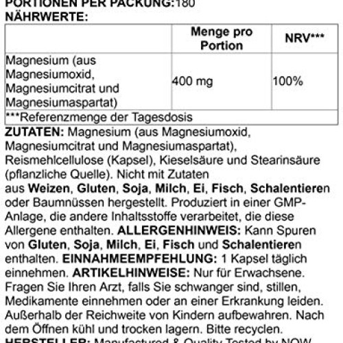 NOW Magnesium 400mg, 180 Veg Capsules